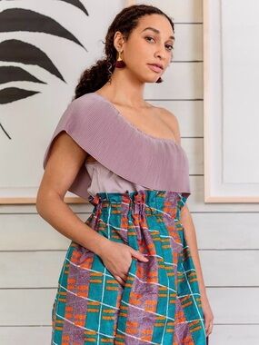 Printed Gathered Elastic Waist A-Line Skirt in Teal & Orange